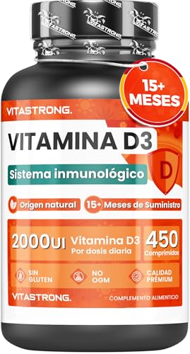 Vitamina D 3 2000IU 50mcg, 450 Pastillas Vitamina D3 Colecalciferol (15+ Meses), Articulaciones, Sistema Inmunológico, Huesos, Dientes, Músculos, Vitastrong Suplemento Vitamina D 2000 UI (Vitamin D3)