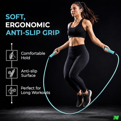 Image of Skipping Rope with Ball Bearing for Men, Women & Kids | 300 cm Jump Rope with Smooth Rotation & Comfortable Grip | 270 cm Effective Rope Length | Fitness, Cardio, Exercise & Workout Rope- Black (Sky Blue)
