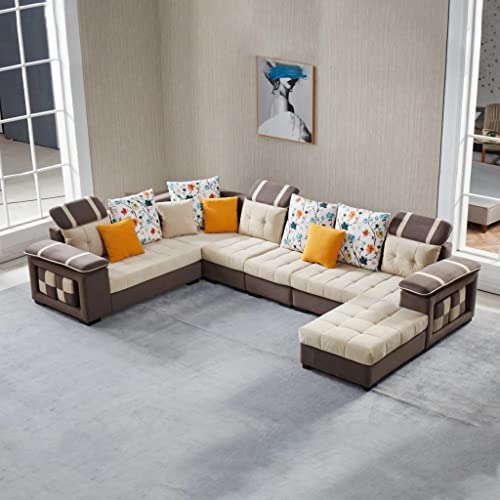 Image of Tyler 9 Seater U Shape Fabric Sofa Set in Cream & Brown Color for Living Room, Couch Sofa for Living Room, Nine Seater Sofa