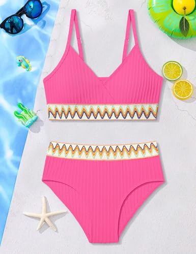 Image of DONWEN Girls Swimsuits V Neck Bikini Set Textured High Waist Girl Two Piece Bathing Suit
