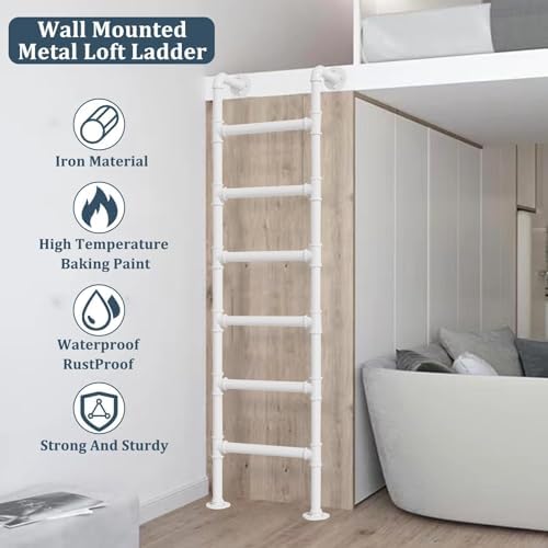 Wall Mounted Metal Loft Bed Ladder - 170cm (67in) Egress Safety Ladder for Indoor/Outdoor Use, Ideal Replacement for Climbing and Accessing Loft Beds, White Finish