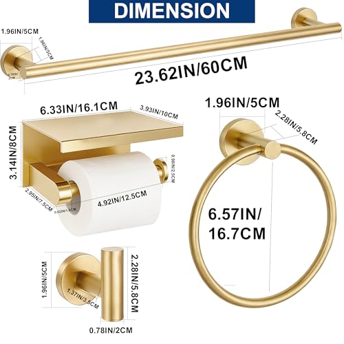 5 Pieces Bathroom Hardware Accessories Set Brushed Gold, 24Inch Bathroom Towel Rack Set SUS304 Stainless Steel, Round Toilet Paper Holder with Shelf Heavy Duty, Wall Mounted - Thumbnail 7