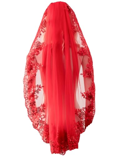 Ophea Veily Red Tulle Lace Sequins Fingertip Length Wedding Veil with Comb for Bride OA21 Red