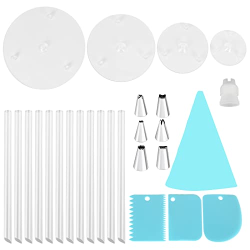 NACAIKJ Lot de 4 assiettes à gâteau (9/12/16/20/20 cm) avec 12 tiges de chevilles en plastique, 3 grattoirs à gâteau, réutilisables pour gâteau empilé, mariage, fête de naissance, festival Cover