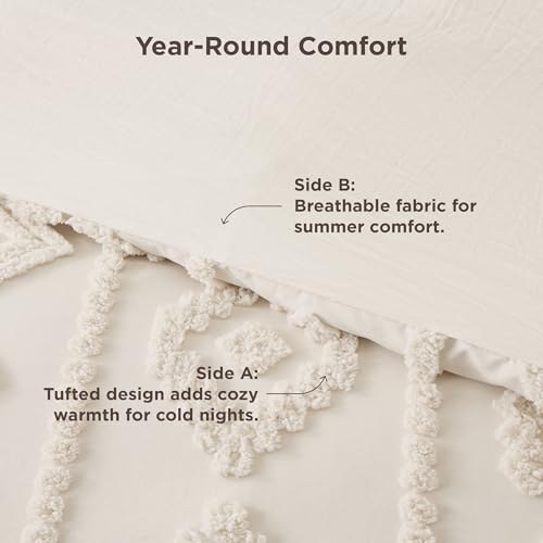 Image of Bedsure Boho Tufted Beige Comforter Set Queen Size, GentleSoft 3 Pieces Boho Farmhouse-Style Decor Bedding, Exquisite Bedding for All Seasons, 1 Bed Comforter, 2 Pillow Shams, 90x90 Inches