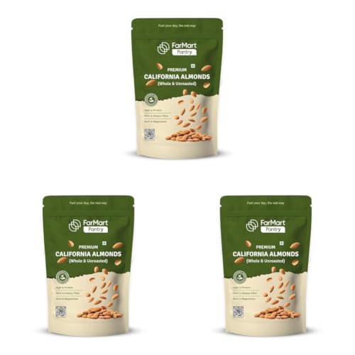 Image of FarMart Pantry Premium California Almonds (Whole & Unroasted)| 500g Pack | Handpicked, High in Protein, Rich in Fibre & Magnesium | 100% Natural & Crunchy Dry Fruits | (Pack of 3)