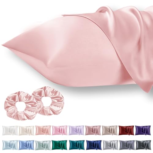 Vielit 2 Pack Satin Pillowcase for Hair and Skin Cooling,Soft as Silk Pillowcase for Hair and Skin,Easier Care than Silk Pillow Case Rose 50x75cm Gifts for Women Envelope & 2 Scrunchies