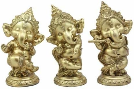 Ebros Gift Set of 3 Hindu Elephant God Ritual Dancing Ganesha with Flute and Drum Golden Figurines 6" H Deity of Arts Wisdom and Knowledge Decor Sculptures