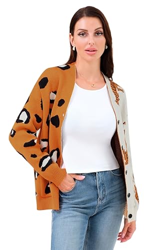 DERAX Women's Oversized Leopard Tiger Print Cardigan Sweaters V Neck Long Sleeve Color Block Loose Fit Button Down Jacket3