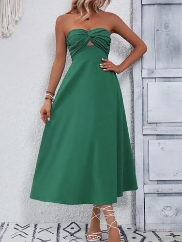 Image of SKAYS Womens Strapless Twist Knot Midi Dress Cutout A-line Tube Summer Cocktail Party Dress with Back Smock
