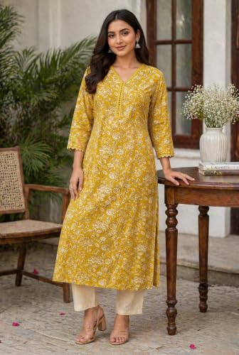Image of Women's Cotton Floral Printed V-Neck A-Line Kurta /Regular Fit Kurti-3 /4 Sleeve