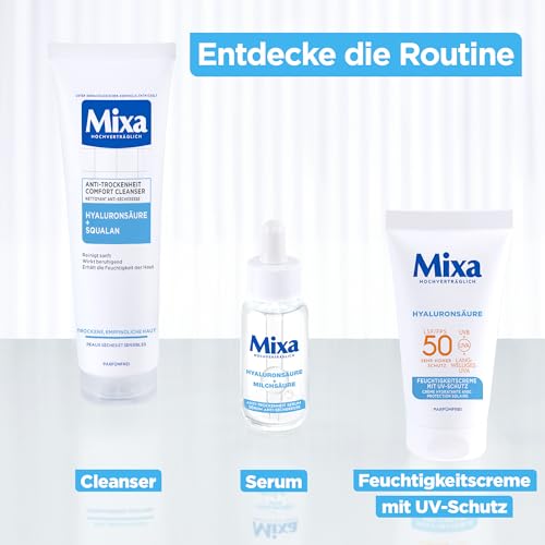 Mixa UV 50 Hydrating Care, Für sensible Haut, Schutz vor UVB + UVA + Long UVA, SPF 50, Mit Hyaluronsäure, Geeignet für Gesicht & Hals, Hypoallergen, 50 ml