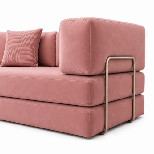 Image of 3 Seater Sofa Cum Bed with Soft Foam & Premium Velvet Fabric | Foldable Convertible Sofa Bed | Sturdy Metal Frame | Comfortable Cushions | Pre-Assembled | Rose Pink