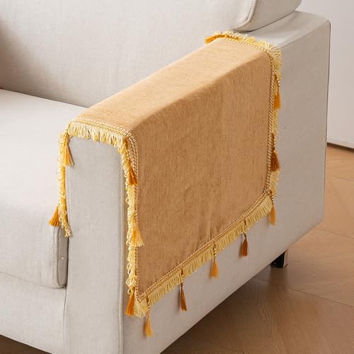 Image of HOKIPO 'Serenity Tassel' Chenille Sofa Arm Cover with Tassels - 1 Pair | Sunlit Amber (IN-893-GLD*2)