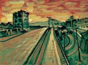 Tableau de Bridge at The Railway Station par Hugo Scheiber - Peinture à l'huile fine 16x20"