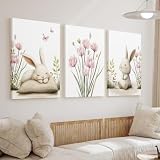 TROYSINC 3er Premium Ostern Poster Set, Süße Hasen Blumen 