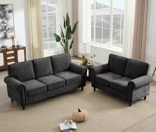 Image of Kingfun Loveseat 2 & 3 Seater Couch with Chair, Mid Century Modern Chenille Sofa Set with Rolled Arms and Deep Seats, Fluffy Comfort for Living Room, Apartment, Easy Assembly, Grey
