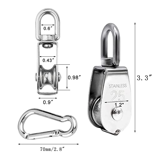 2PCS Stainless Steel M25 Single Pulley Block Sets with Spring Snap Hook, Lifting Crane Single Wheel Swivel Snatch Pulley Block 1\" Sheave Pulley Roller,Loading 330lbs/150kg