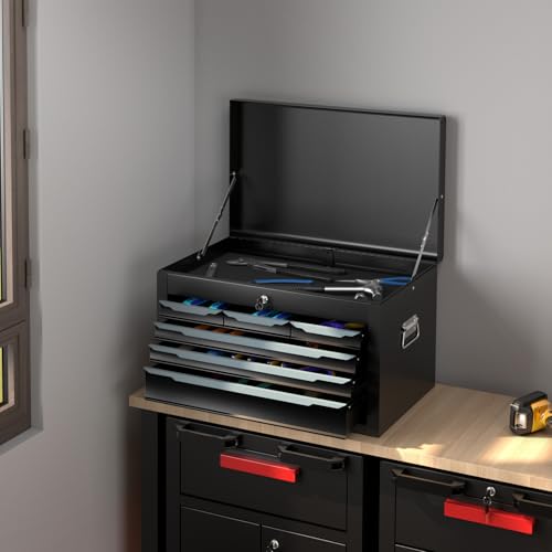 COSTWAY 6 Drawer Tool Box, Lockable Metal Tool Chest with Top Storage Tray, Automatic Lock, 2 Keys, Ball Bearing Runners, EVA Liners & Carry Handle, Portable Toolbox Storage Cabinet (Black) - Image 8