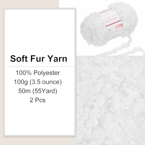MECCANIXITY 2 Skeins Fur Yarn Soft Fluffy Chunky Yarn Fuzzy Eyelash Yarn White for Crocheting Knit Clothes Bag - 55Yard/50m, 3.6ozx2 by MECCANIXITY - Used condition - Image 3