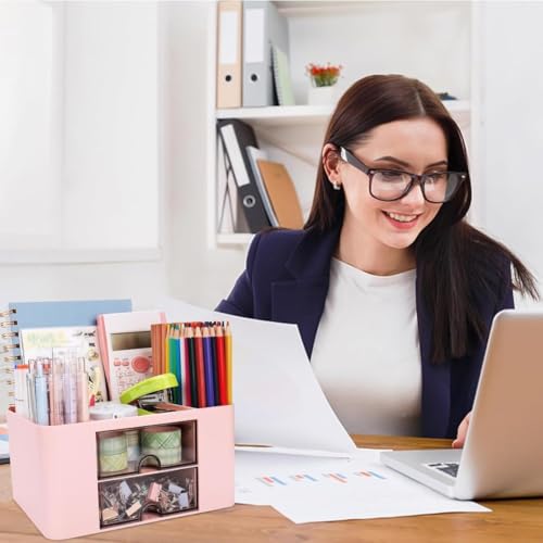 Image of Versatile Desk Organiser with 5 Compartments, 2 Drawers and Multifunctional Storage Options - Ideal for Office Supplies, Stationery and Desk Accessories, Office Organiser (Pink)