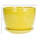 MyGift 7 Inch Round Yellow Ceramic Plant Pot with Drainage Hole and Attached Saucer, Modern Decorative Embossed Sunburst Planter Container for Indoor Home Garden