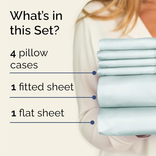 Image of Queen 6 Piece Bed Sheet Set - Comfy, Breathable & Cooling Sheets - Ice Blue | Ultra-Soft Hotel Luxury Bedding Set w / 8-16 Inch Deep Pockets, 1 Flat & 1 Fitted Sheet & 4 Pillowcases, Wrinkle & Fade Free