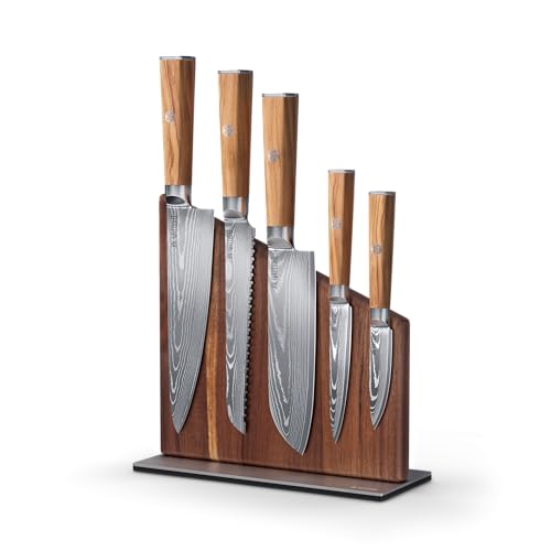 Image of Yatoshi Knives Magnetic Kitchen Knife Block Set - Japanese 67 Layer High-Grade VG-10 Steel Knives, Sharp, Professional Kitchen Knife Set - Damascus (6 pieces), Olive Wood Handles