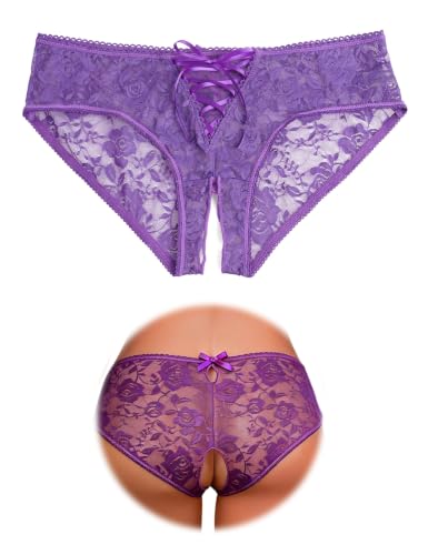 comeondear Dentelle Culotte Fendue String Ouvert Femme Sexy Hot Grande Taille Tanga Érotique Shorty Noir Slip Stretch 1-Violet,M-L
