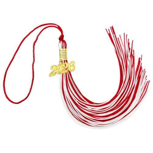 2026 Graduation Tassel, Red and White Tassel for Graduation Cap with 2026 Year Gold Charm for Graduation Ceremony Tassel Accessories