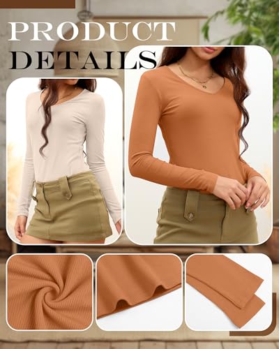 Riyiper 3 Pack Women Long Sleeve Shirts, 95% Cotton V Neck Ribbed Knit Tops Slim Fit Casual Going Out Tee Shirts3