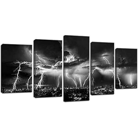 Biuteawal - Black and White City Wall Art Nature Lightning Strikes in The Clouds Painting on Canvas Storm Cityscape Picture Print for Home Office Bedroom Decoration Cover