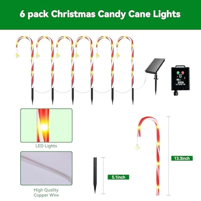 Christmas Candy Cane Pathway Lights - Solar Powered Waterproof, 6 Pack Decorative Seasonal Wedding Lights