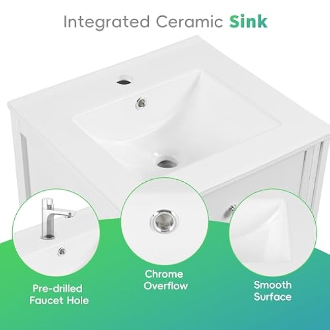 20 Modern Bathroom Vanity with Ceramic Basin, Undermount Sink Cabinet, 1 Doors and 1 Drawer, Storage Rack and Adjustable Shelve, Free Standing Storage Cabinet with Sink Combo Set (White)