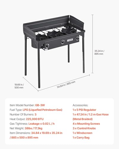 Image of VEVOR 3 Burner Outdoor Propane Gas Stove, 225,000 BTU Propane LPG Gas Camping Stove, Heavy-duty Carbon Steel Outdoor Cooker, with Shield & Tall Stand & Regulator, for BBQ Camp Home Patio Backyard