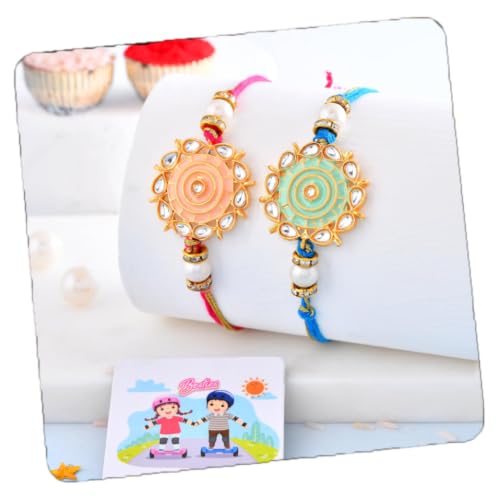 Image of CraftVatika Rakhi Set of 2 for Brother, Floral Kundan Designer rakhi Combo For Brother Bhaiya Bhabhi Raksha Bandhan Gift Band with Fridge Magnet Bracelet Stone Rakhis