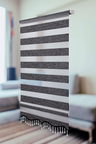 PlisseeOnline Doppelrollo Klemmfix ohne Bohren Anthrazit mit Perlen Duo Rollo für Fenster und Türen Plissee Rollo Gardine 60 x 150 cm Blickdicht Klemmrollo mit Perlen Seitenzugrollo