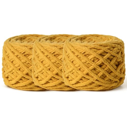 Image of 3 Pack Fluffy Chenille Chunky Yarn for Crocheting 100g(65.6yd) - Baby Yarn for Crocheting Soft - Velvet Yarns for Crochet Blanket - Amigurumi Crochet Yarns (Turmeric)