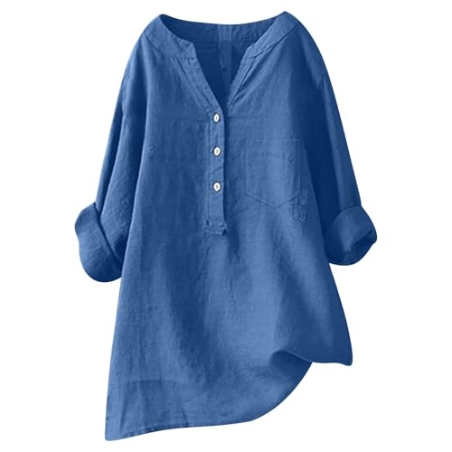 Genérico Túnica Mujer Algodón Lino Manga Corta Transpirable Blusa Casual Camisa Ligera Blusa Elegante Suelta Verano A64, azul, L