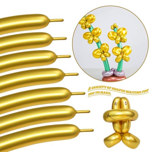 Image of LXZFCRG 260 Long Balloons, Shiny Metallic Latex Twisting Balloon for Balloon Animals, Magic Balloons for Birthdays Wedding Party Decorations 100pcs (Metallic Gold)
