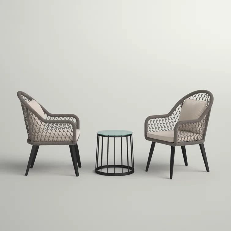 Image of LOCCUS 3-Piece Outdoor Patio Bistro Set - All-Weather Wicker Rattan Chairs with Soft Cushions & Glass Side Table for Backyard, Balcony & Deck (Grey & Beige)