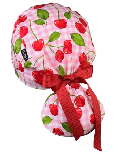 Image of Scrub Cap for Women and Men, Ponytail Scrub Caps, Working Hat, Head Cover with Ribbon Ties and Buttons, Long Hair