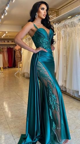 V Neck Spaghetti Straps Prom Dress Sequin Laces Appliques Mermaid Split Side Evening Gown with Train for Women3
