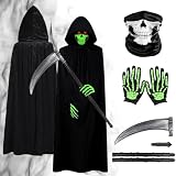 Sensenmann Kostüm Kinder 120cm/140cm Sensenmann Kostüm, Halloween Kostüm Sensenmann mit Totenkopfmaske, Glühhandschuhen und Sense, Grim Reaper Verkleidung Set für Jungen Halloween Karnevals Cosplay