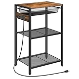 HOOBRO Tall Side Table with Charging Station, Industrial Telephone End Table with Pull-Out Metal Storage Drawer, Tall Slim Nightstand for Living Room, Bedroom, Office, Rustic Brown BF06UDH01