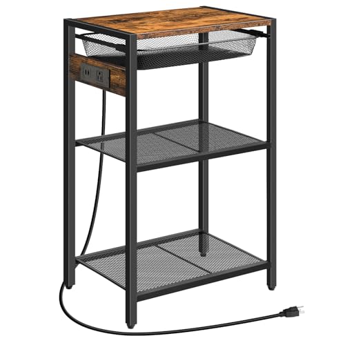 HOOBRO Tall Side Table with Charging Station, Industrial Telephone End Table with Pull-Out Metal Storage Drawer, Tall Slim Nightstand for Living Room, Bedroom, Office, Rustic Brown BF06UDH01