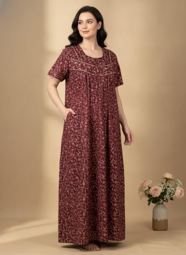 Image of Bahumaan Cotton Nighty for Women Full Length Stylish | Floral Print Pure Cotton Maxi Dress for Women with Pocket Free Size | Sleepwear Gown for Women (1, Maroon, M-Bust-42)