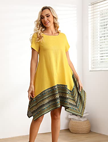 Minibee Women's Ethnic Cotton Linen Short Sleeves Irregular Tunic Dress Yellow Xl #TOP3