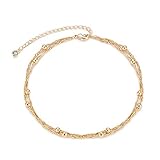 MEVECCO Anklet for Women Gold Layered Singapore Ball Ripple Bead Chain Station 14K Gold Plated Dainty Boho Beach Summer Simple Foot Jewelry Ankle Bracelet
