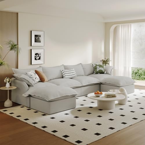 6 Seat U Shape Modular Sectional Couch Sofa for Living Room,Deep Seat Sofas Cushion Covers Removable,Modern Down Fill Cloud Sectional Couches for Office Home,Linen Fabric Light Gray